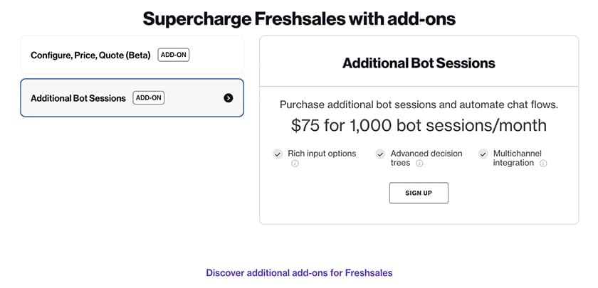 Freshsales CPQ and bot sessions add-ons features.