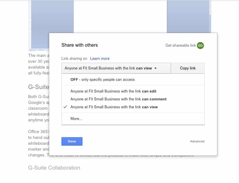 Google Workspace document sharing options