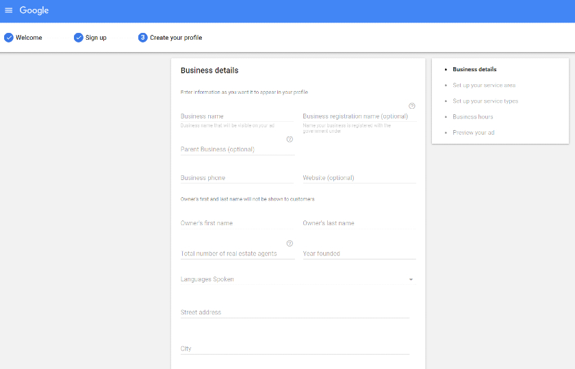 Google Search Business Details form