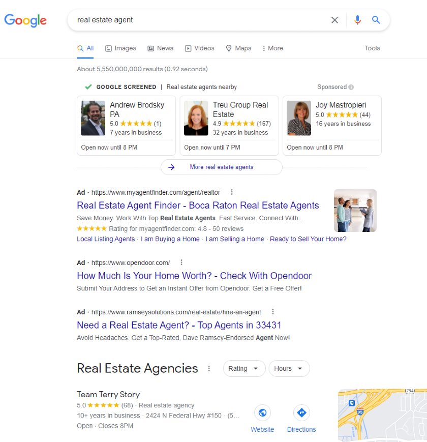 Google Search Real Estate Agent Results Local service ads