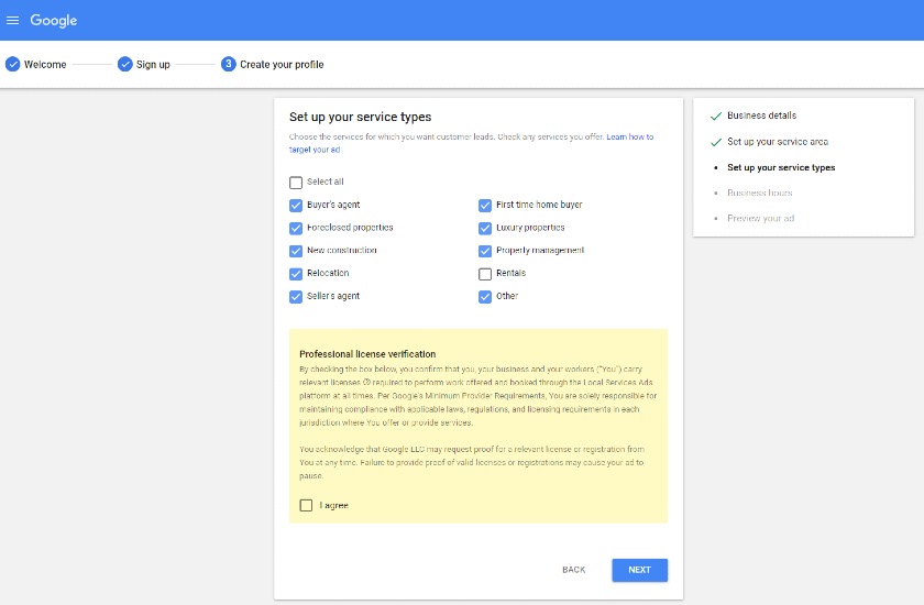 Google Search Setup Your Service Types