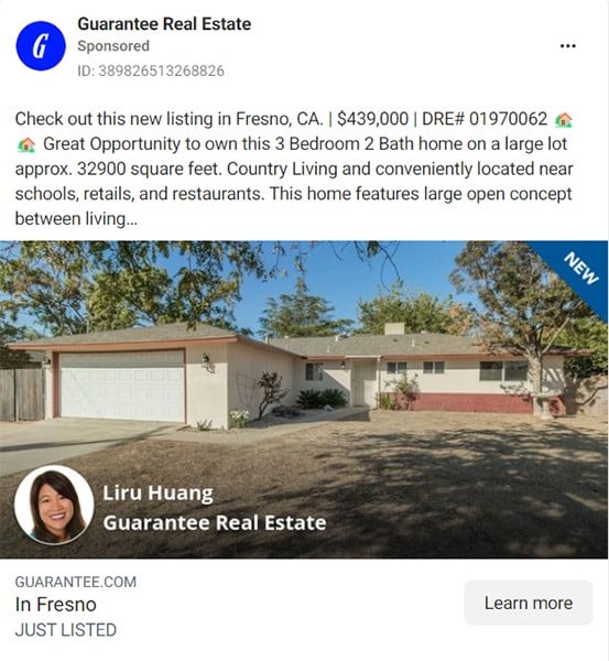 Real estate listing Facebook ad example.