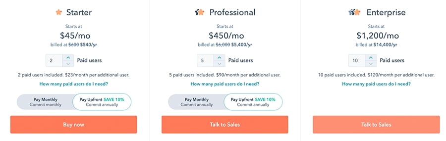 HubSpot CRM tiered pricing with wide cost and feature range.