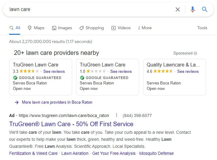 Lawn Care Google Search Results Local service ads