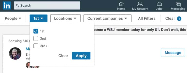 Screenshot of LinkedIn connection types