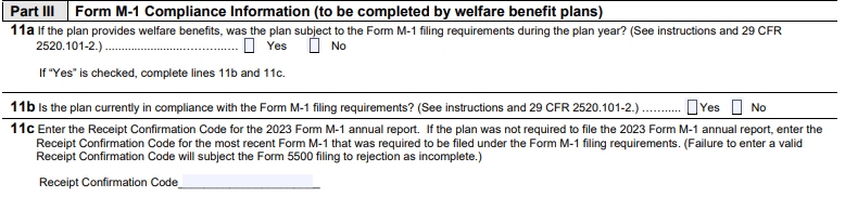 Snippet of Form 5500 highlighting Part 3 Section 11