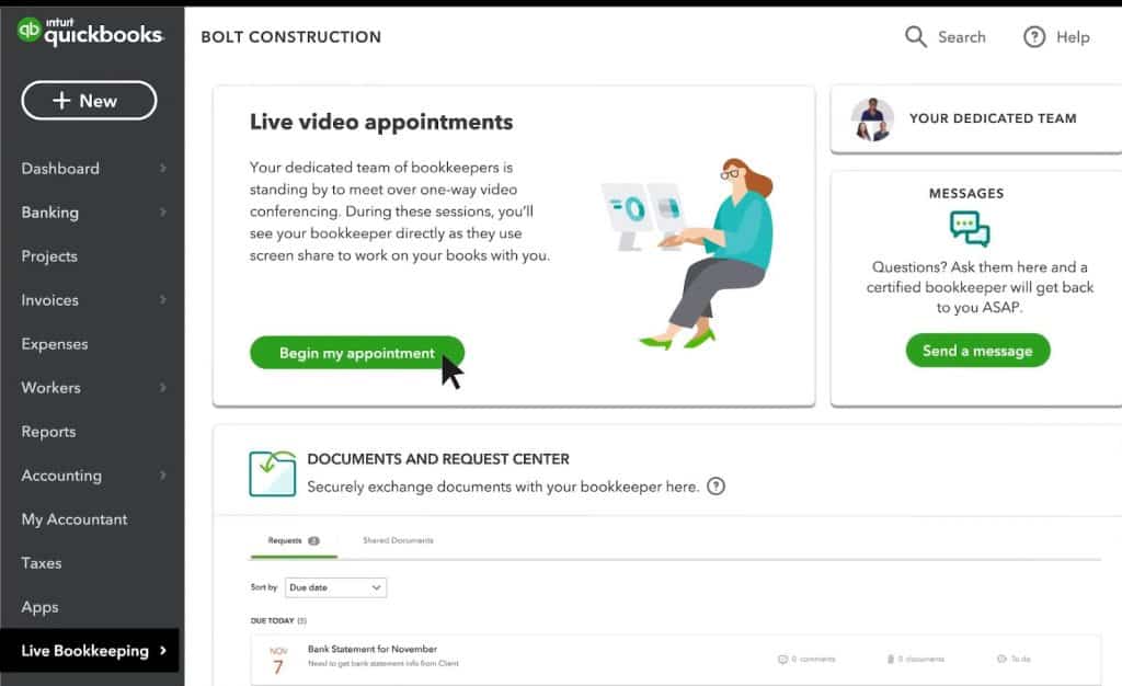 Screenshot of QuickBooks Live Hub that shows live video appointments and a documents and request center.