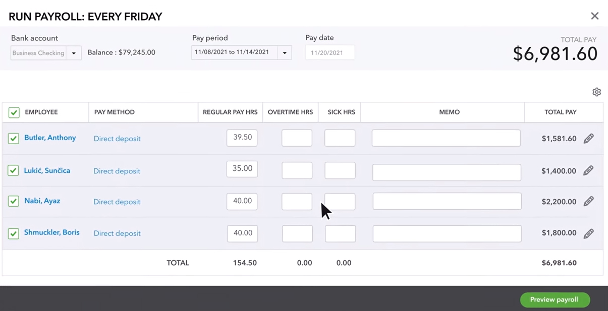 Screenshot of QuickBooks Payroll sample payroll