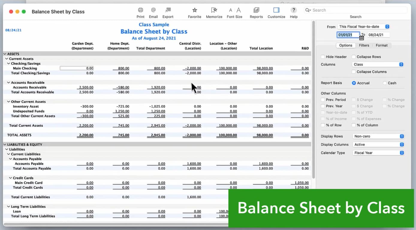 QuickBooks for Mac balance sheet class tracking page.