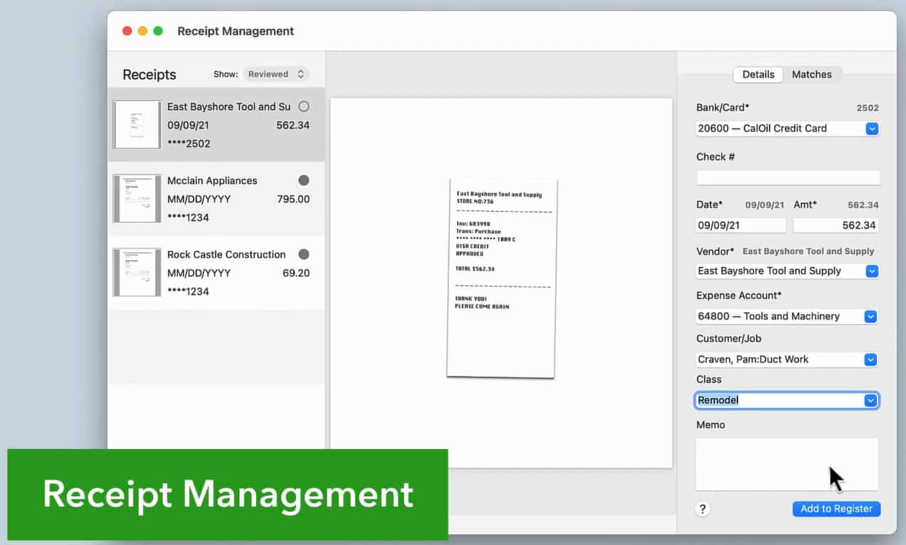 QuickBooks for Mac receipt management page.