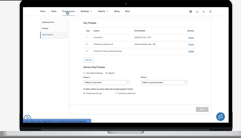 RingCentral admin portal phone system.