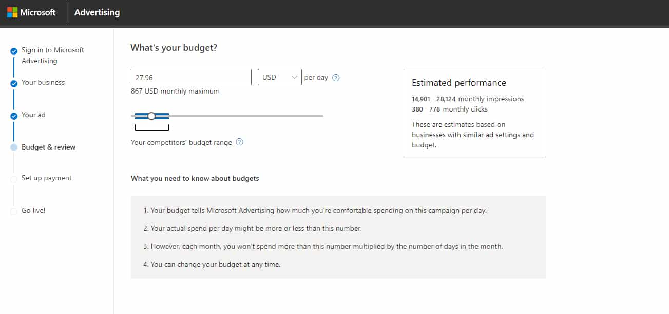 Screenshot of Microsoft Ads Set Budget