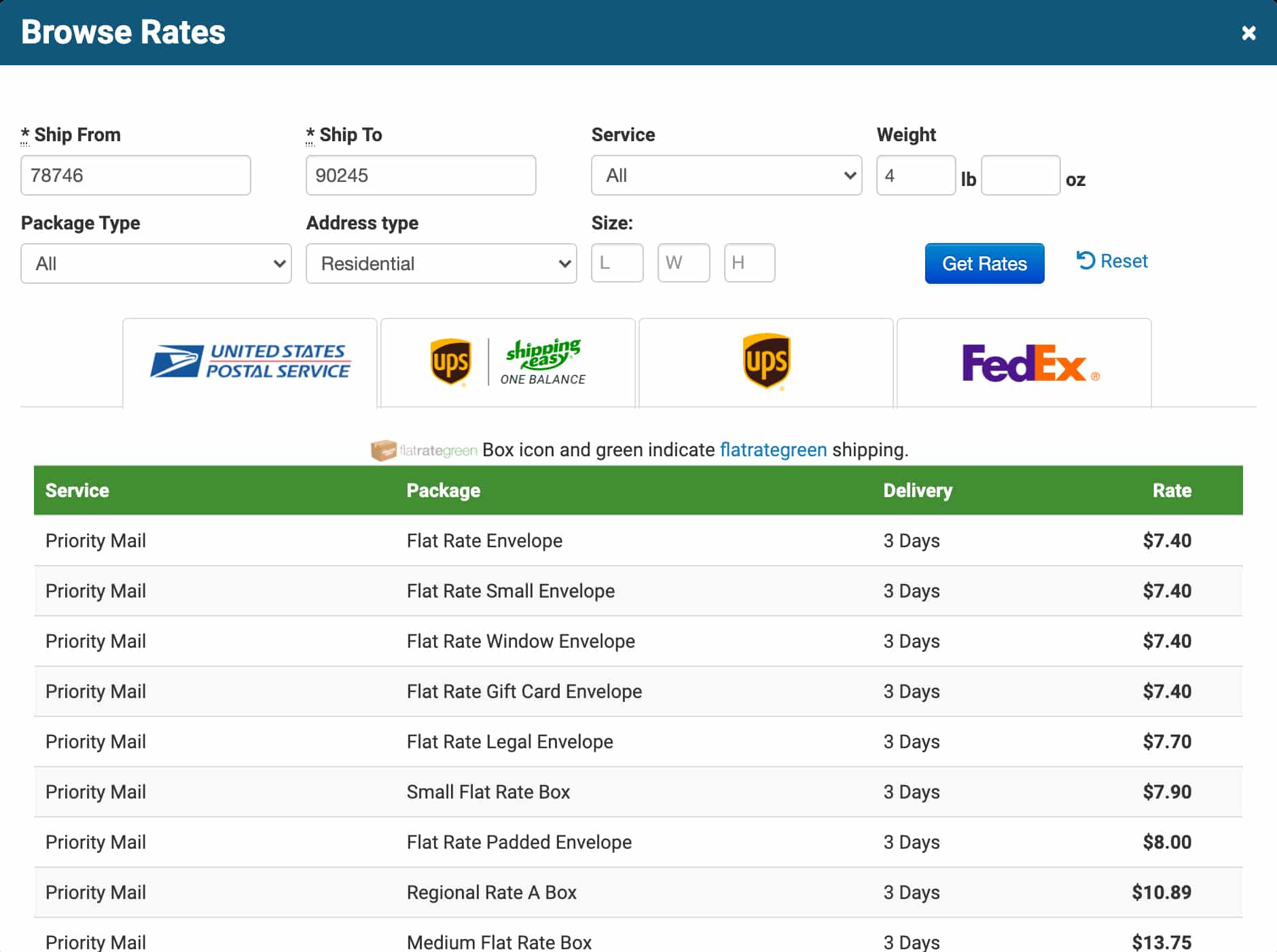 ShippingEasy rate comparison feature preview.