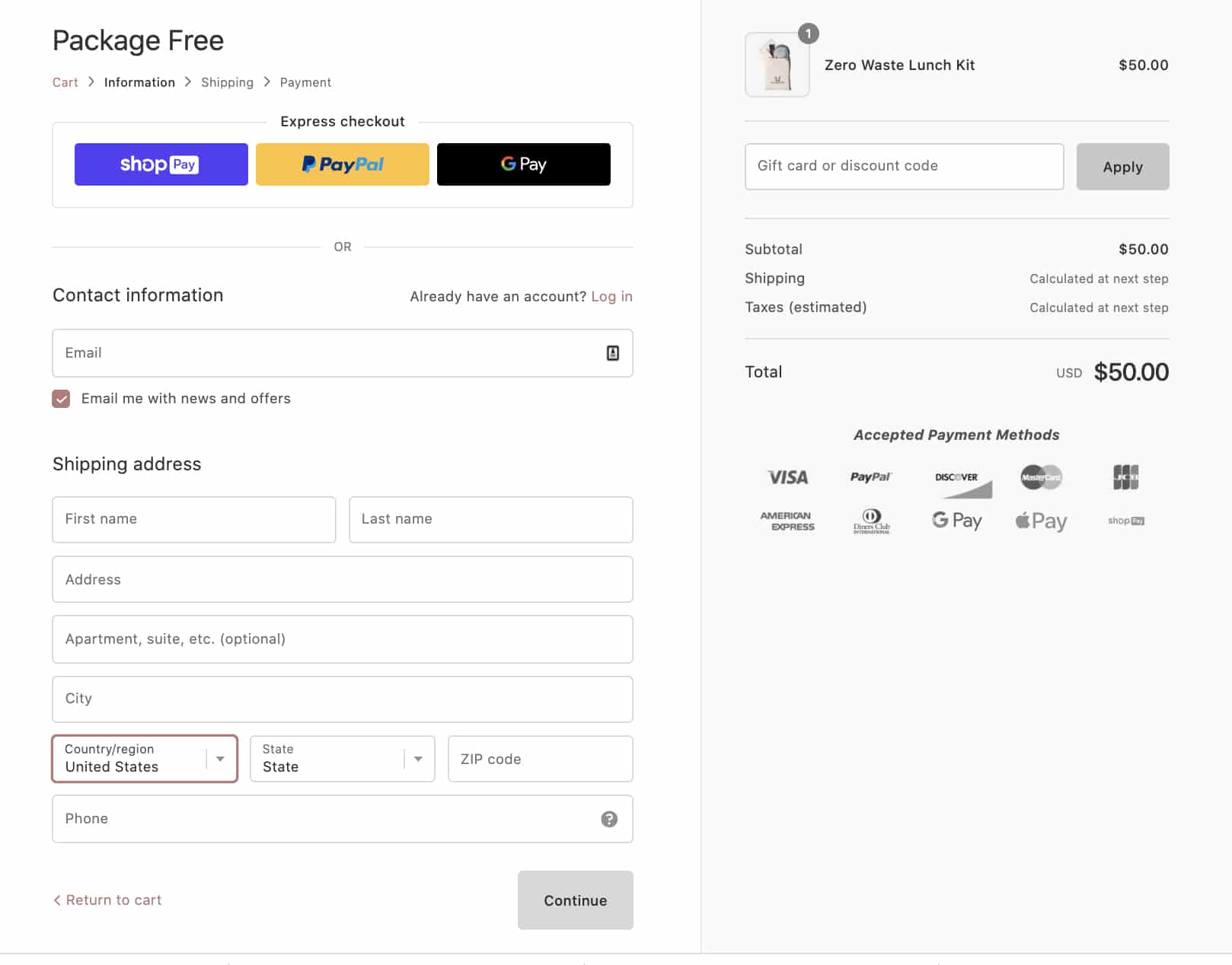 Package Free has a streamlined checkout page on its Shopify store.
