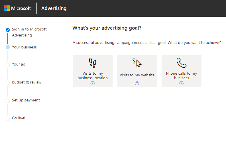 Screenshot of step by step Screenshot of Create a Microsoft Advertising Account