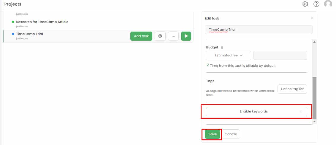 Screenshot of TimeCamp Enable keywords.