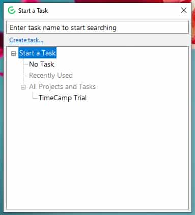 Screenshot of TimeCamp desktop app.