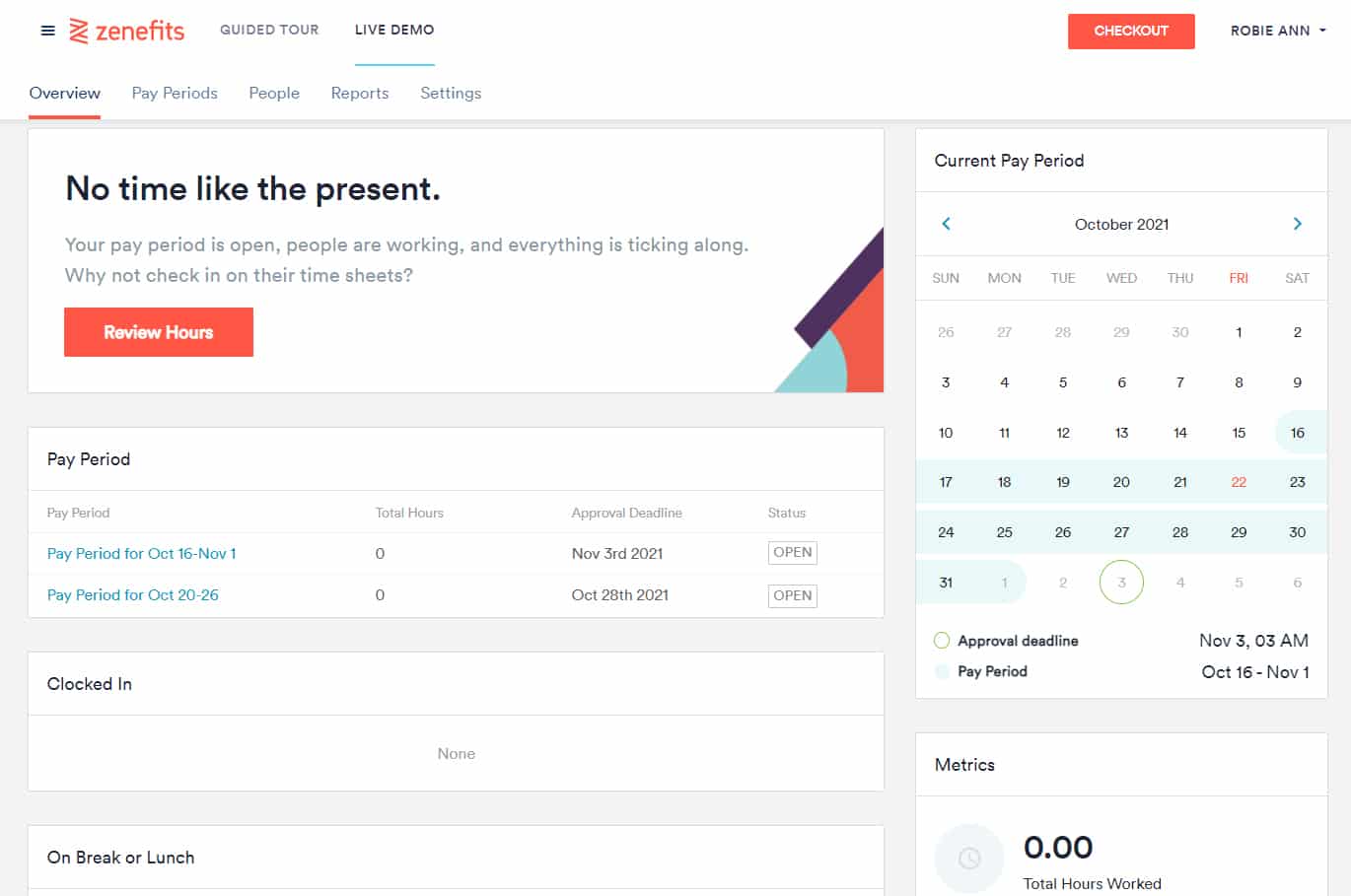 TriNet Zenefits' Time and Attendance dashboard and calendar.