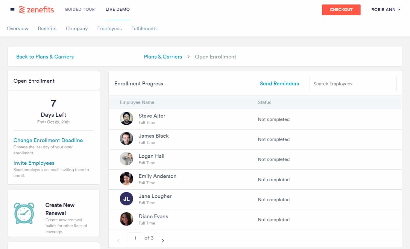 TriNet Zenefits list of employees and their status for benefits enrollments online.