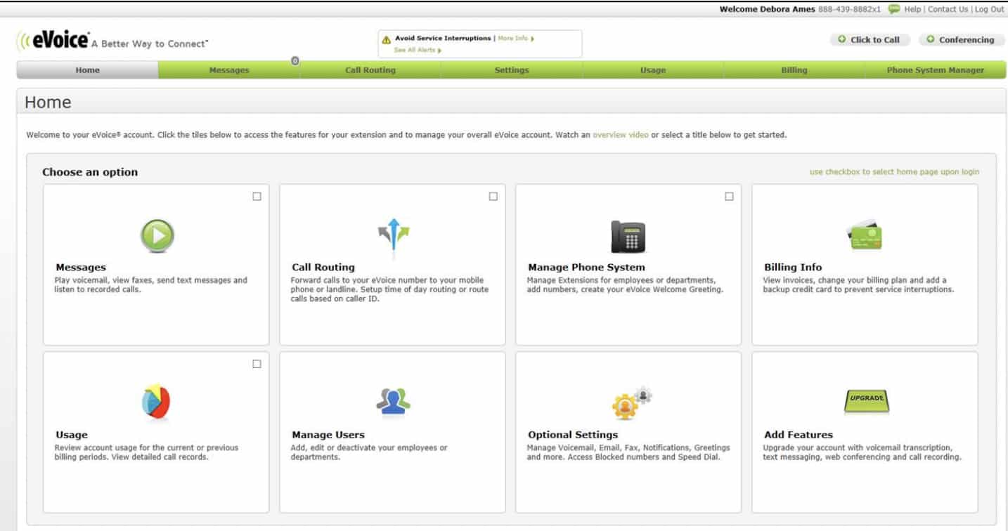 Screenshot of eVoice web-based dashboard