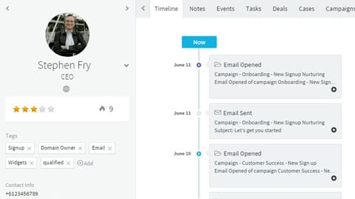 Screenshot of Agile CRM Contact Record with Lead Score and Tags