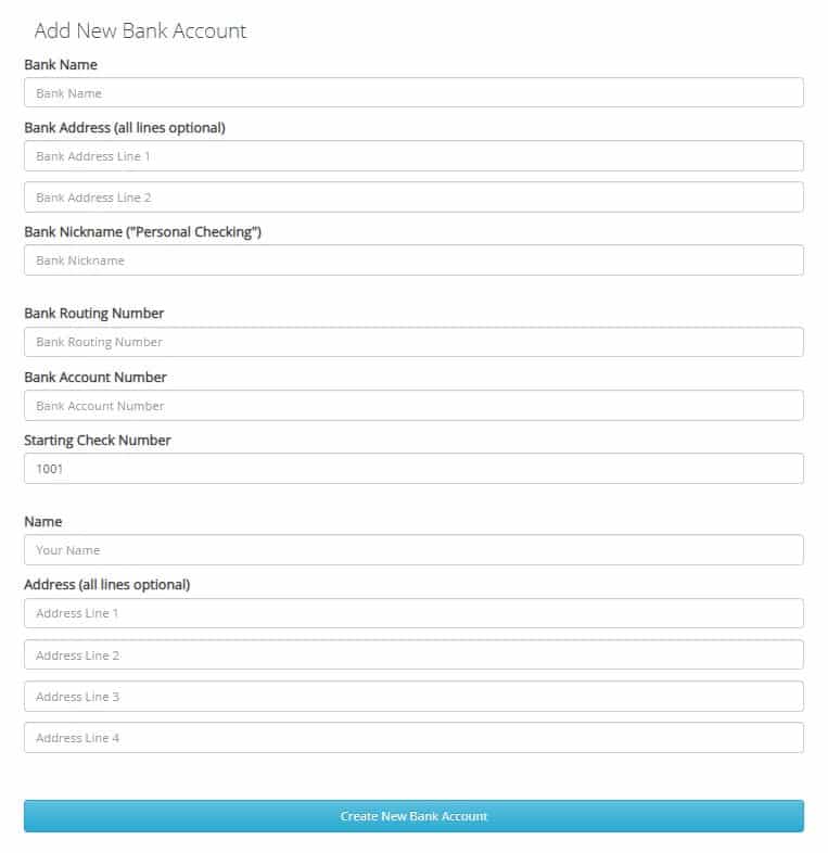 The bank account creation dashboard.