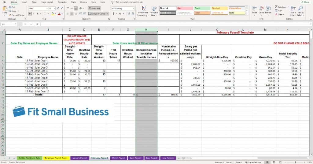 Screenshot of Bonuses and Other Taxable Income Should Be Entered in Column H
