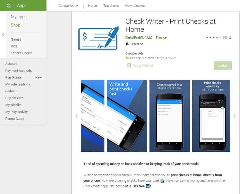 Screenshot of Check Writer App on Google Play