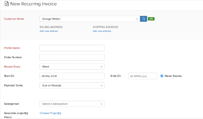 Creating a recurring invoice in Zoho