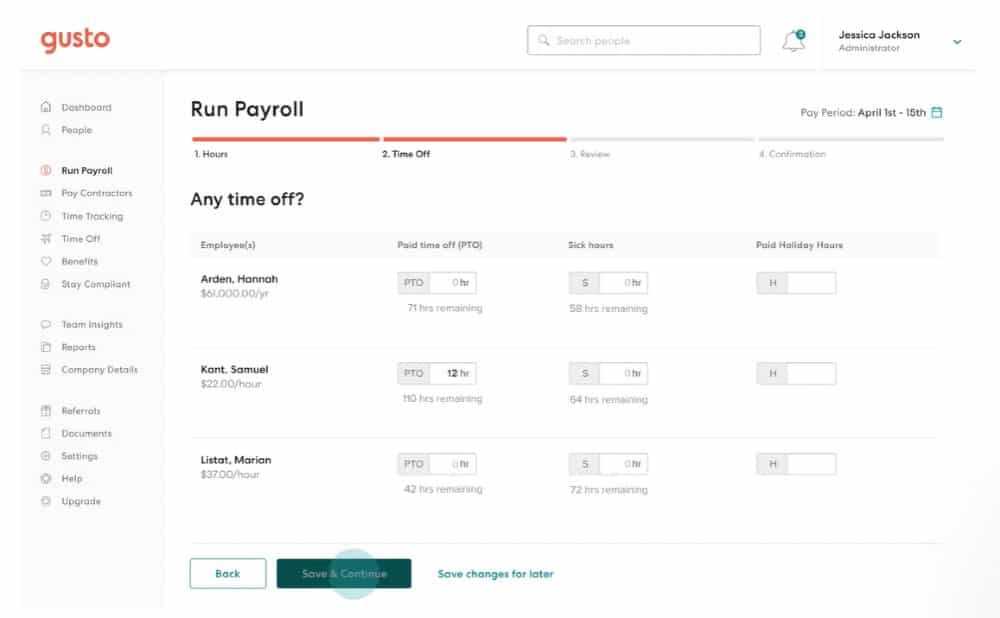 Screenshot of Gusto Run Payroll Procedure