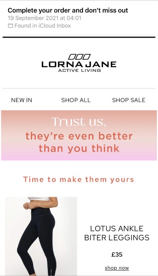 Lorna Jane sends personalized emails containing cart items.
