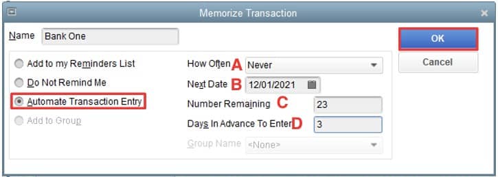 Memorize Transaction Screen in QuickBooks Desktop