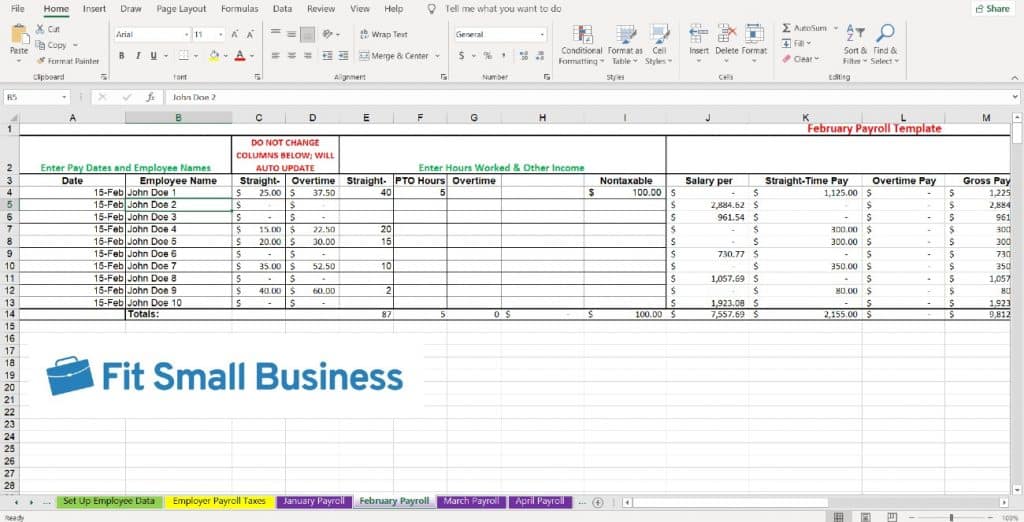Screenshot of Monthly Payroll Tabs Specific Columns