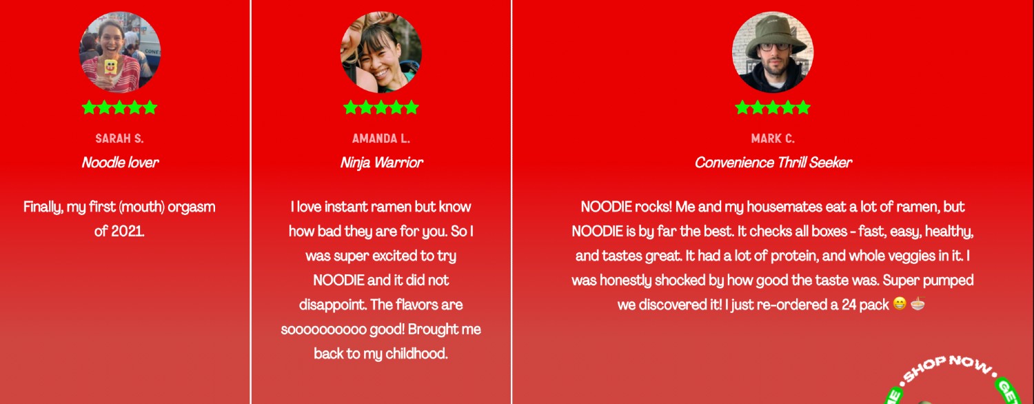 Noodie displays positive customer reviews across their site.