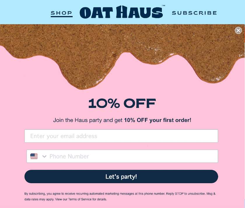 Screenshot of Oat Haus Offers 10% Off to Newsletter Subscribers