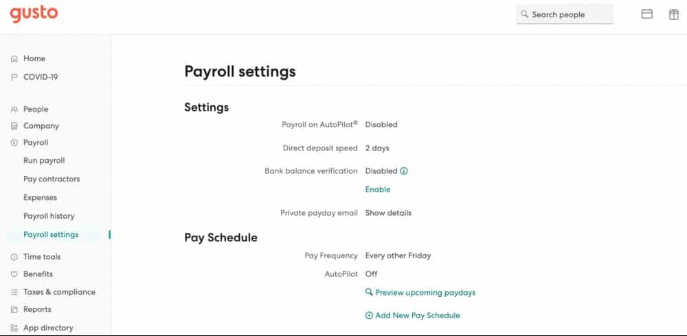 Showing Gusto's payroll settings.