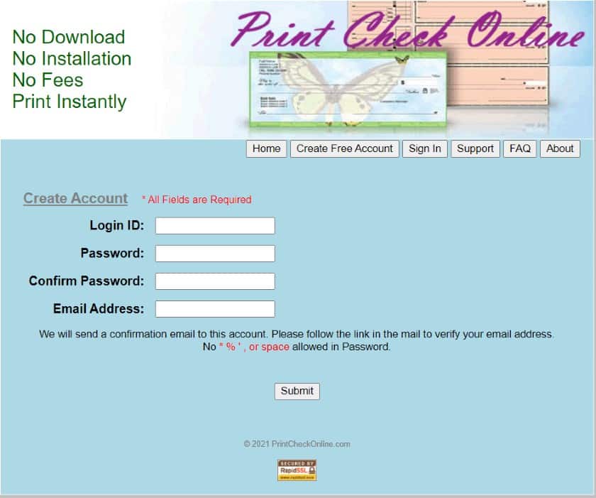 Screenshot of Print Check Online Login Page