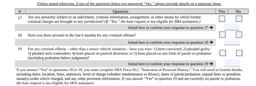 Questions 17 to 19 of SBA Form 1919
