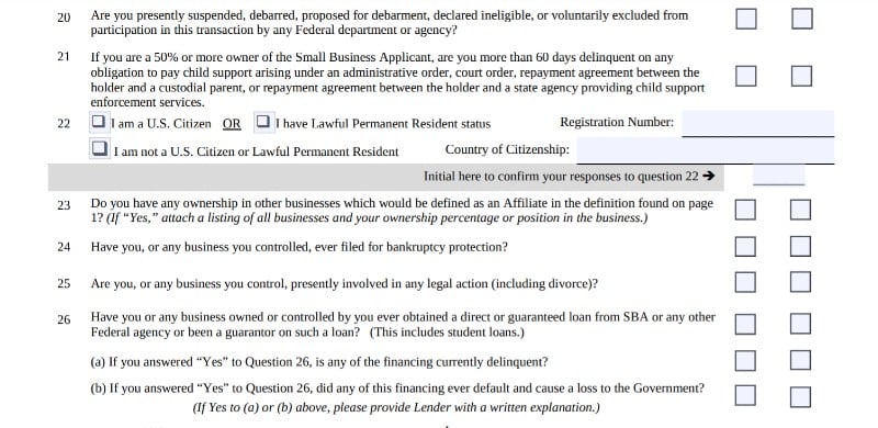 Questions 20-26 of SBA Form 1919