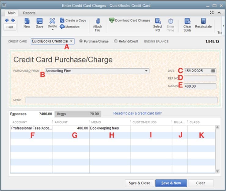 Sample Credit Card Charge Entry in QuickBooks Desktop