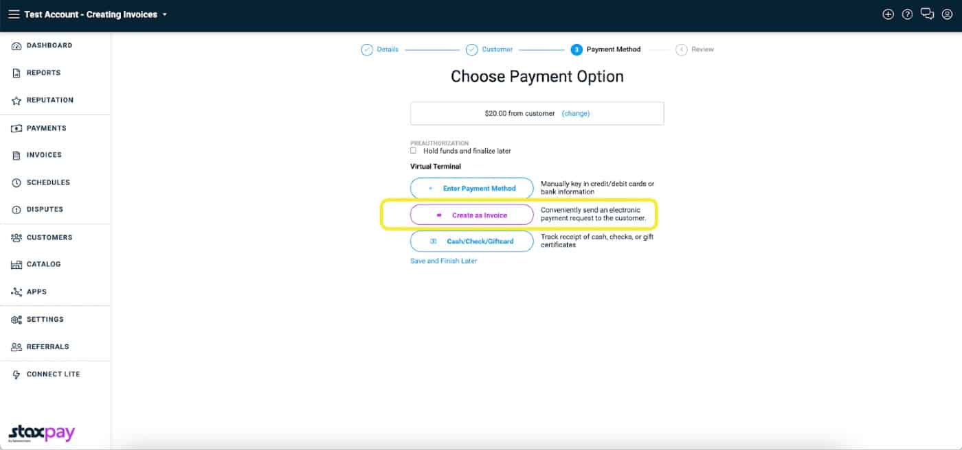 Selecting a payment method on Stax Pay.