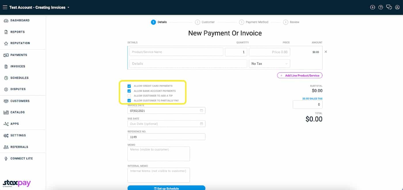 Setting invoices on Stax Pay.