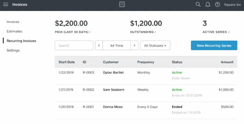 Showing Square invoices.