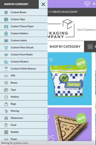 Screenshot of The Packaging Company Offers an Extensive List of Supplies