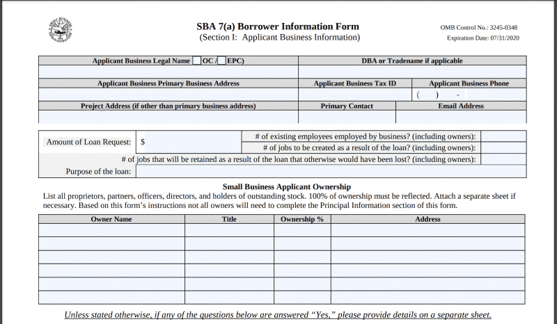 Top portion of Section I of SBA Form 1919
