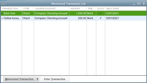 Transactions Recorded in the Memorized Transaction List