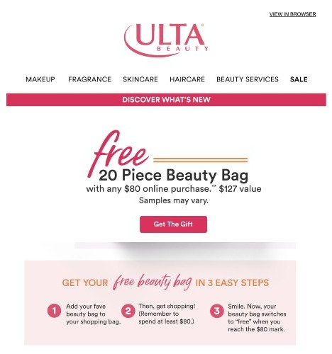 Ulta Beauty offers a free 20 piece beauty bag.