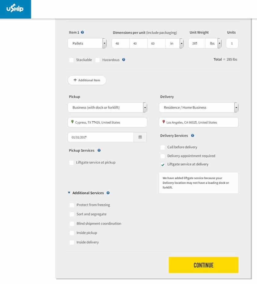 Screenshot of Uship Shipment Details