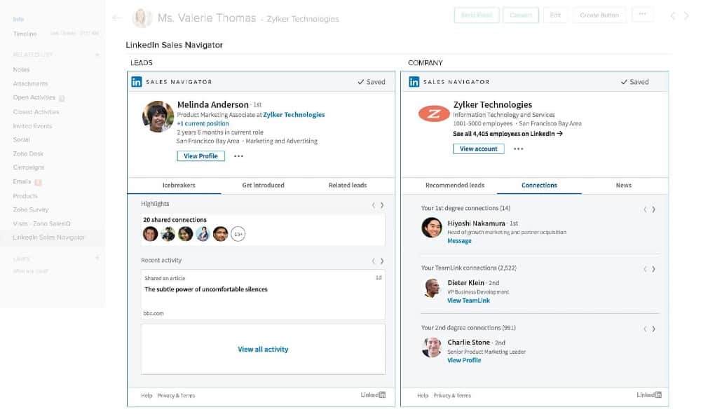 Screenshot of Zoho CRM Integration with LinkedIn Sales Navigator