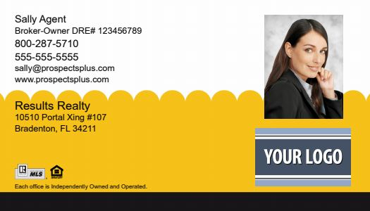 Broker business card example with a headshot of the agent and yellow background.